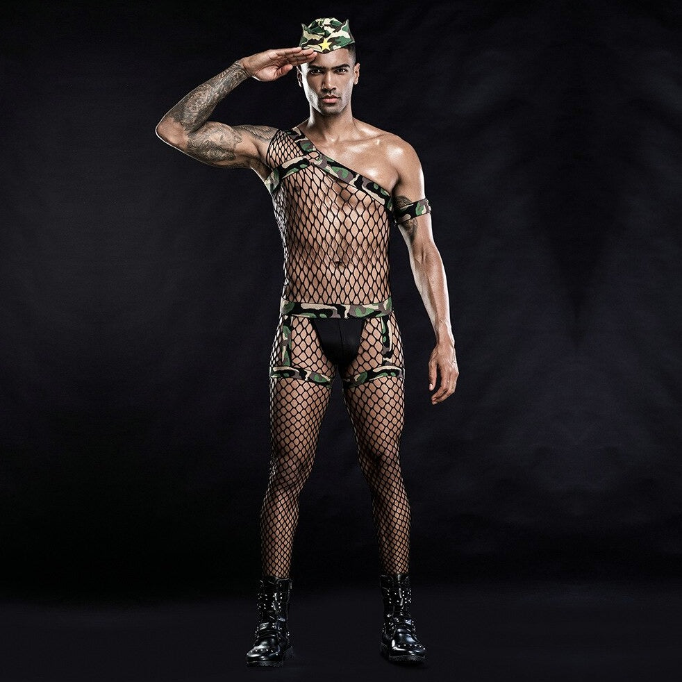 Men's Camo Army Fishnet Costume - Salute to Your Sexy Soldier Fantasies