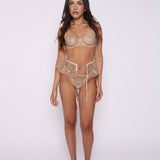 Whispering Essence Beige Lace Bralette with Gold Chain Accent