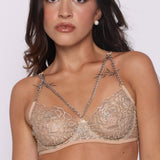 Whispering Essence Beige Lace Bralette with Gold Chain Accent