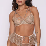 Whispering Essence Beige Lace Bralette with Gold Chain Accent