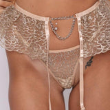 Whispering Essence Beige Lace Garter with Gold Chain Accent