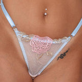 Blush Rose Embroidery Thong with Soft Blue Straps Panty