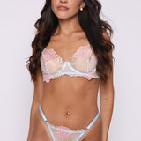 Blush Rose Embroidery Underwire Bra with Soft Blue Straps