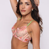 Blossom Pink Floral Embroidered Lingerie Set with Green Satin Straps