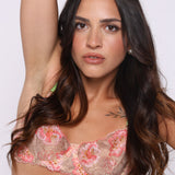 Blossom Pink Floral Embroidered Lingerie Set with Green Satin Straps