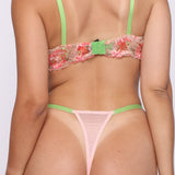 Blossom Pink Floral Embroidered Thong with Green Satin Straps  Panty