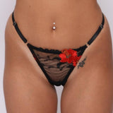 Sensual Black Crimson Blossom Red Floral Embroidered Bra