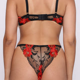 Sensual Black Crimson Blossom Red Floral Embroidered Bra