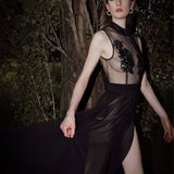 Midnight Elegance Sheer Mesh Night Gown with Floral Embroidery