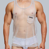 Men's Sheer Gold-Threaded Tank Top with Pocket – Available in Black, Silver, White