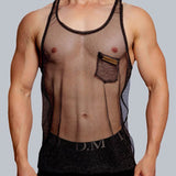 Men's Sheer Gold-Threaded Tank Top with Pocket – Available in Black, Silver, White