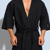 Men's Short Kimono Water-Absorbent Bathrobe - 100% Pure Cotton in White, Black, Grey