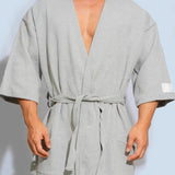 Men's Short Kimono Water-Absorbent Bathrobe - 100% Pure Cotton in White, Black, Grey