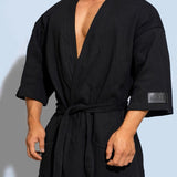 Men's Short Kimono Water-Absorbent Bathrobe - 100% Pure Cotton in White, Black, Grey