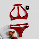 "Festive Flirt" Christmas Red PU Peekaboo Bra and Cut-Out Panty Set