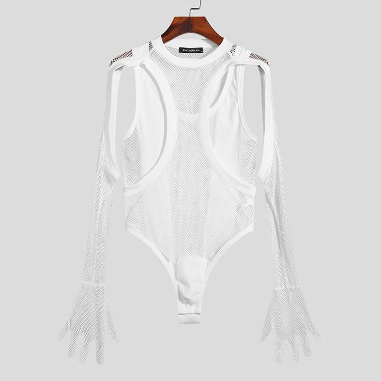 Long Sleeve Gloves Mesh Bodysuit - Spandex and Polyester Blend