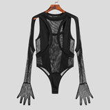 Long Sleeve Gloves Mesh Bodysuit - Spandex and Polyester Blend