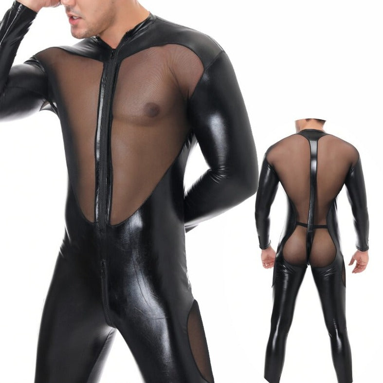 Kinky PVC Leather Mesh Bodysuit - Unleash Your Allure