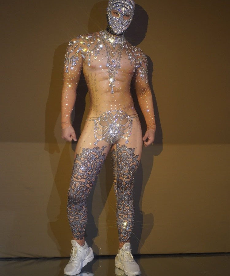 Skintight Bejeweled Bodysuit for Men – Costume with Painted Skin Effect